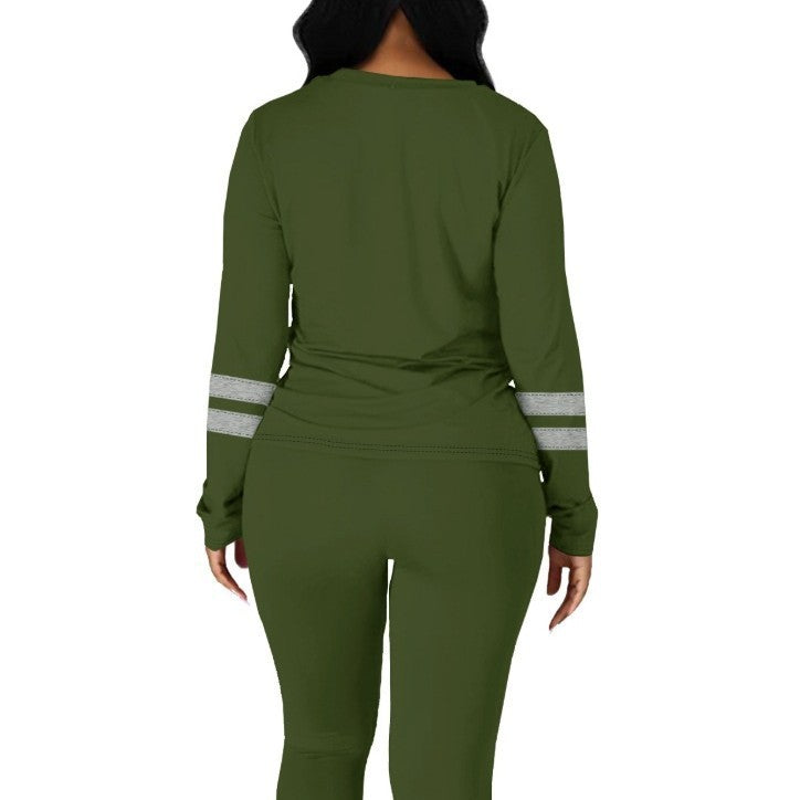 Color Matching Round Neck Long Sleeve Top With Tight Trousers Suit Two-piece Set