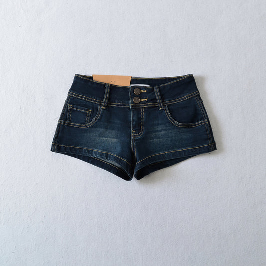 European And American Style Two-button Distressed Tight Stretch Denim Shorts