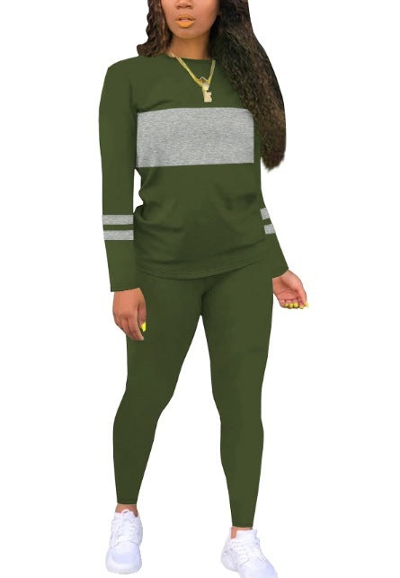 Color Matching Round Neck Long Sleeve Top With Tight Trousers Suit Two-piece Set