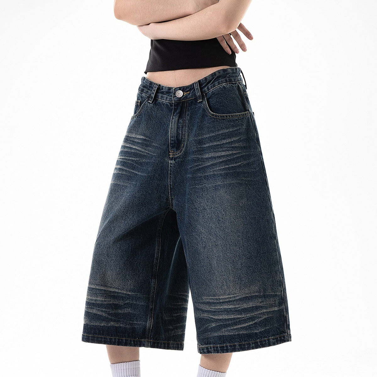 Retro Cropped Jeans Loose Straight Cargo Casual Wide-leg Pants Shorts For Women