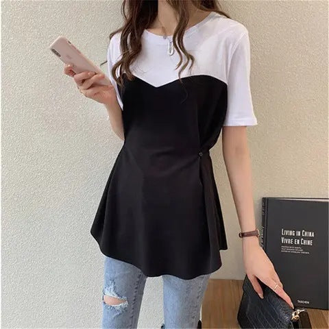 All-matching Graceful Fake Two-piece Mid-length Short-sleeved T-shirt