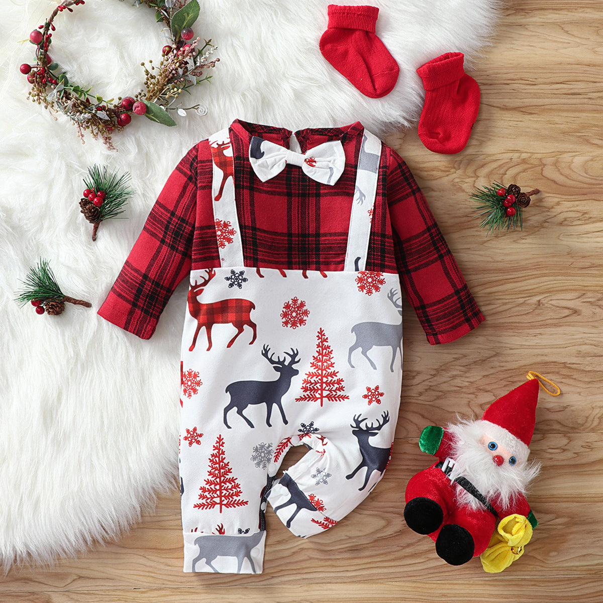Baby Clothes Cotton Letter Santa Patchwork Plaid Long Sleeve Baby Bodysuit