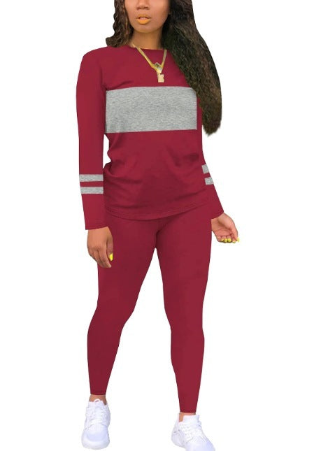 Color Matching Round Neck Long Sleeve Top With Tight Trousers Suit Two-piece Set