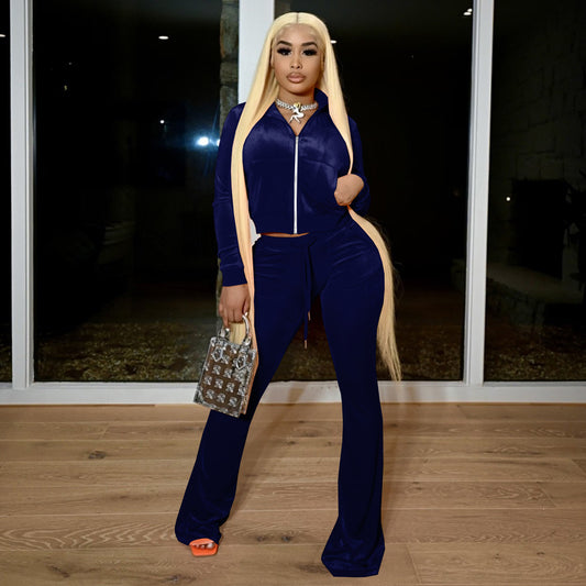 Fashion Ladies Solid Color Cropped Flared Pants Suit