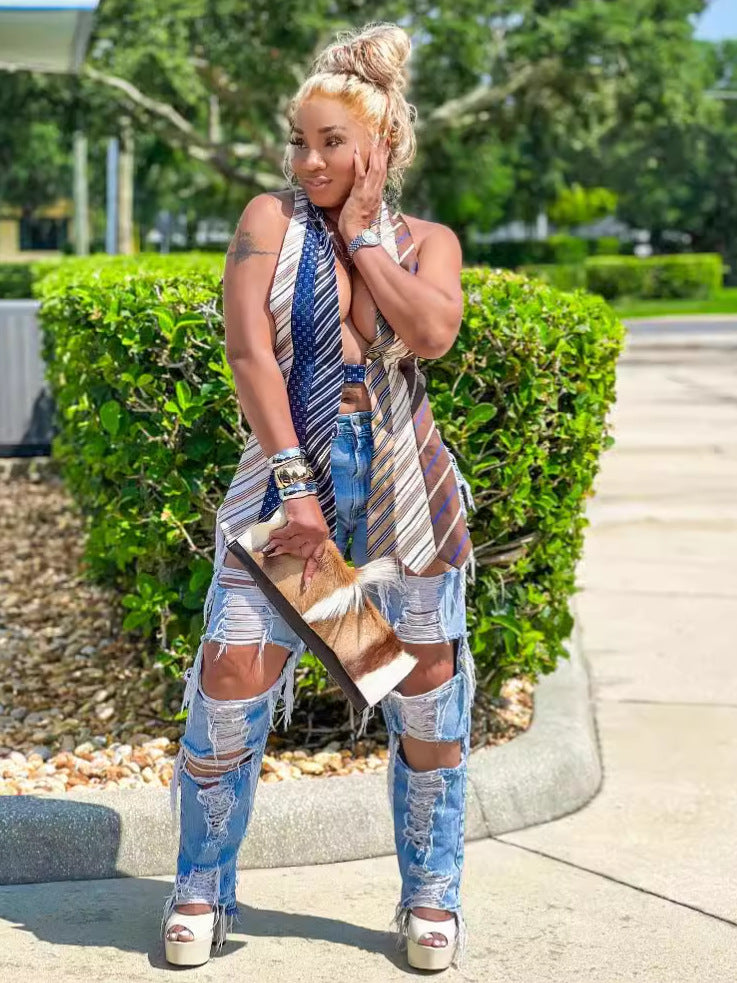 New Backless Tied V-neck Striped Tie Stitching Personality Vest Women's Clothing