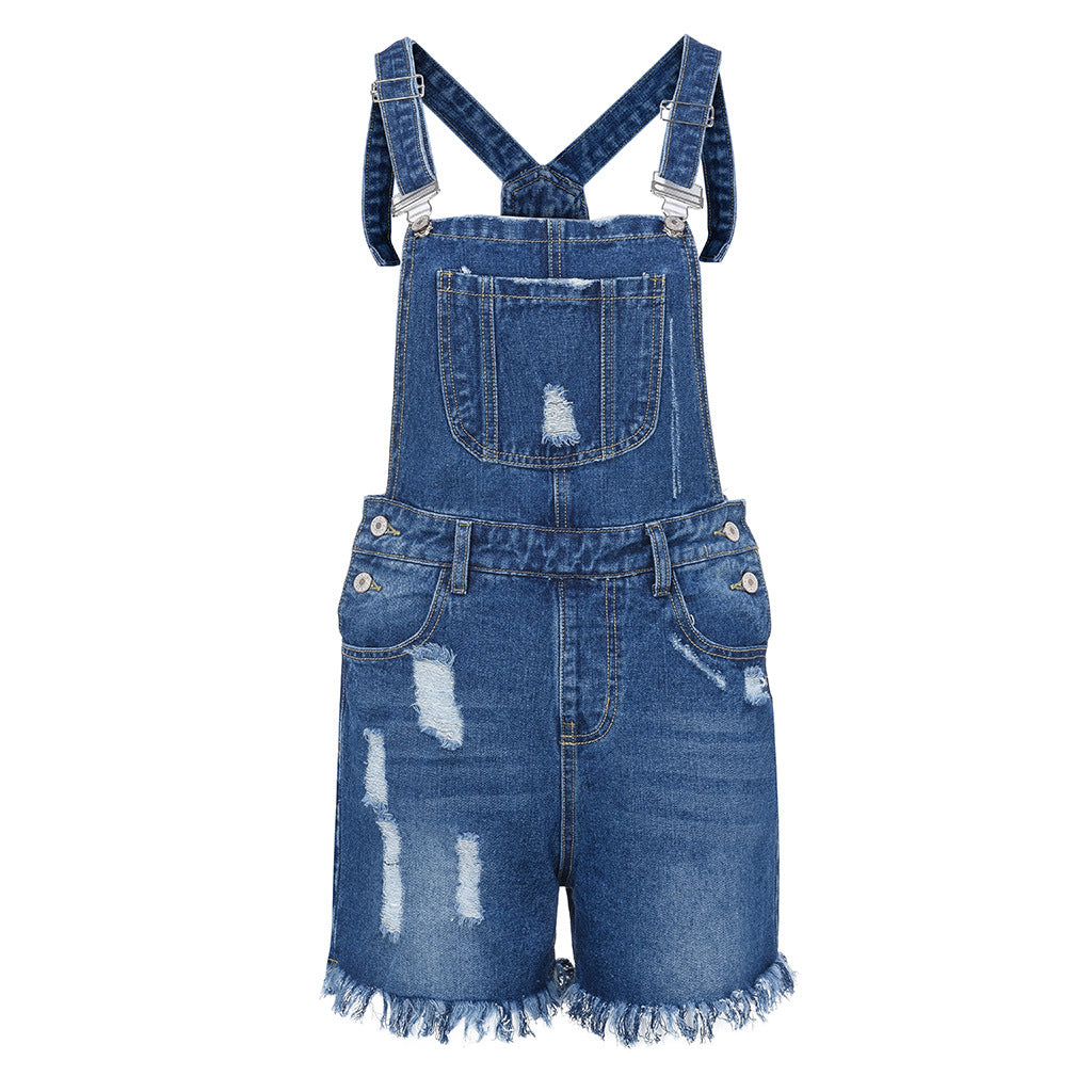European And American Ripped Suspender Denim Hole Jumpsuit