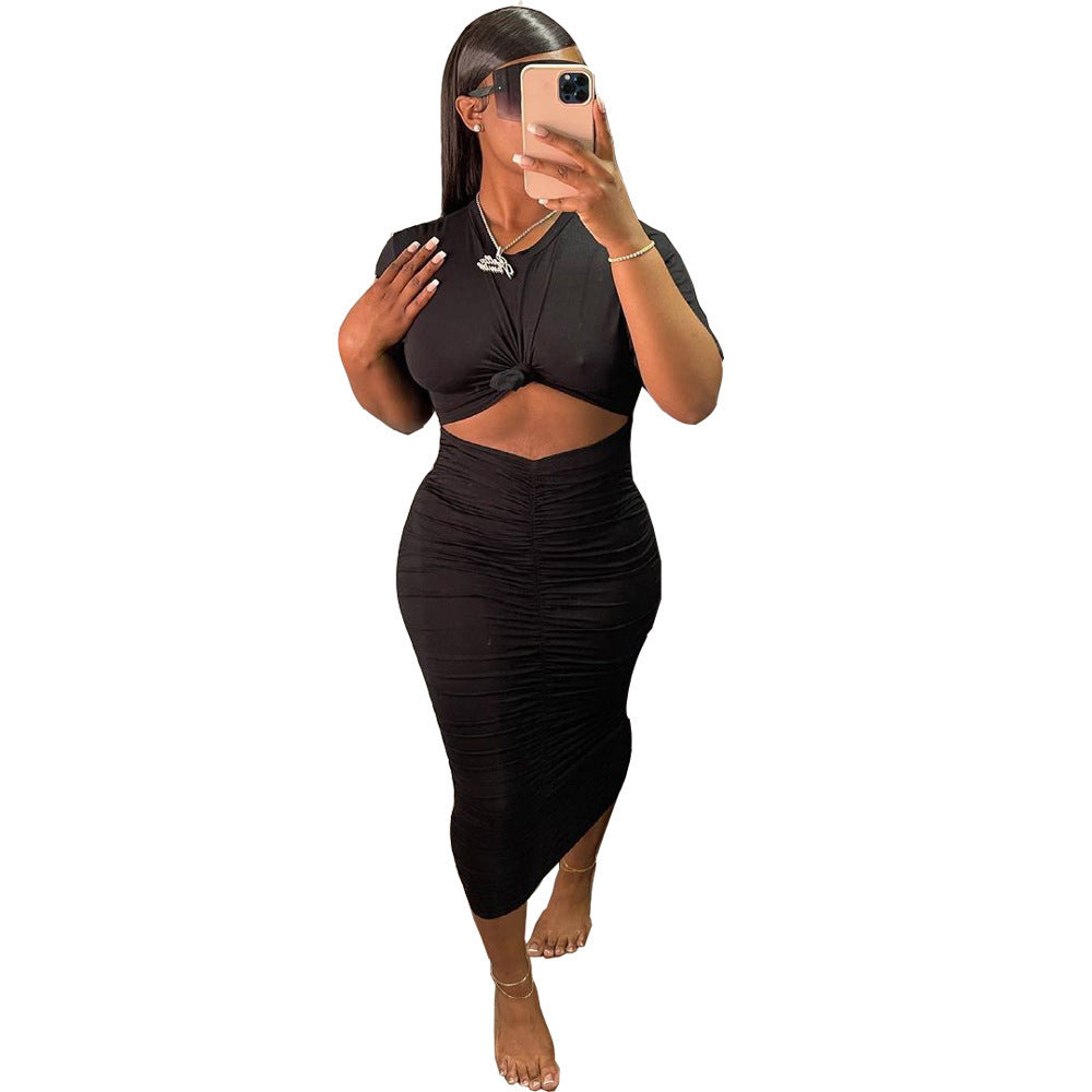 Fashion Solid Color Pleating Short Sleeve Dress Suit