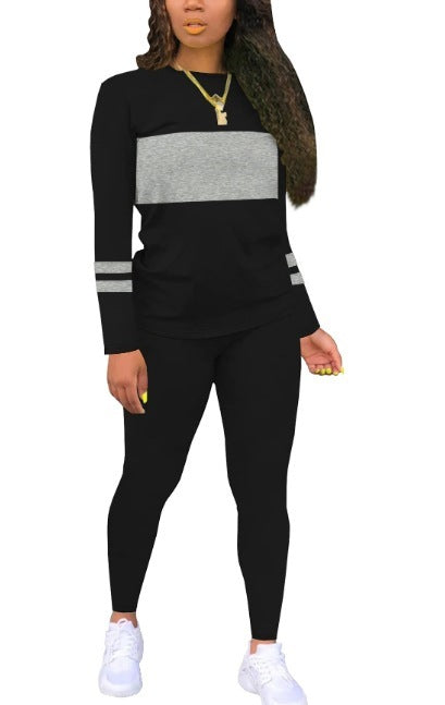 Color Matching Round Neck Long Sleeve Top With Tight Trousers Suit Two-piece Set