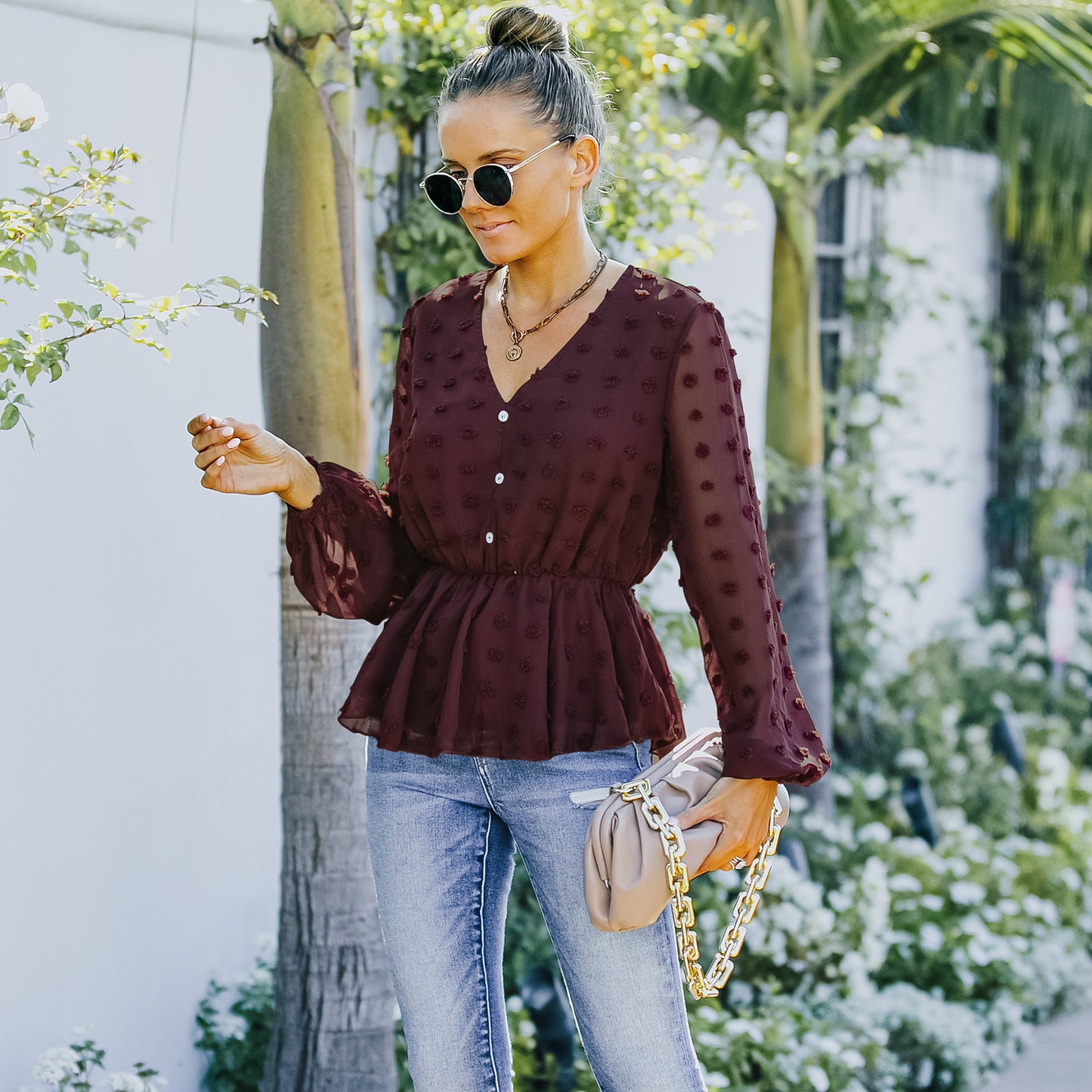 European And American Women's Summer V-neck Long-sleeved Chiffon Shirt
