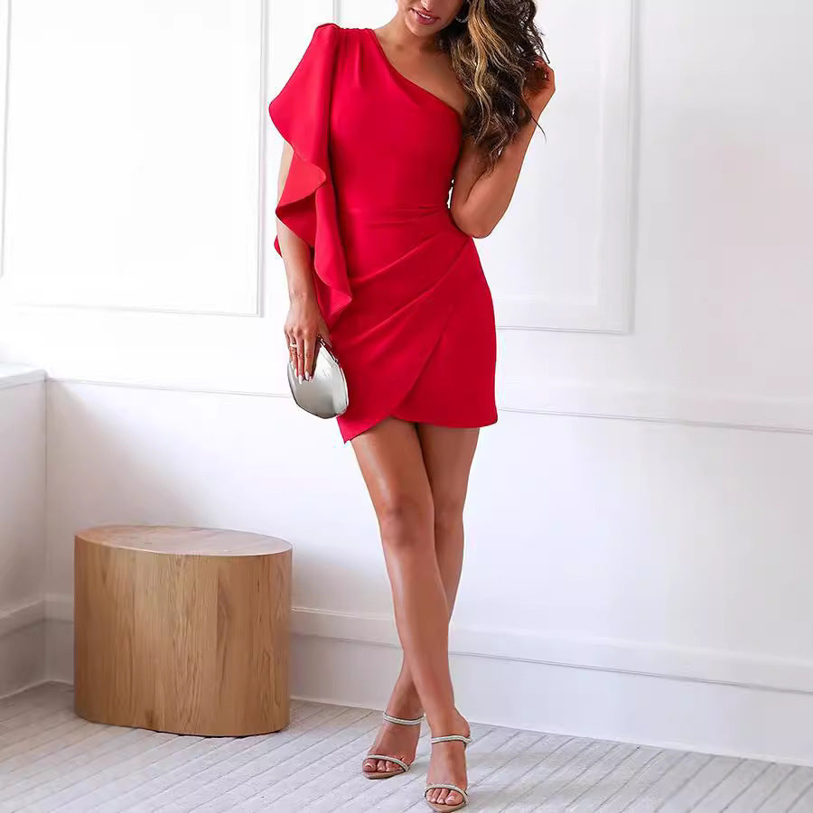 Ruffled Shoulder Solid Color Sexy Dress