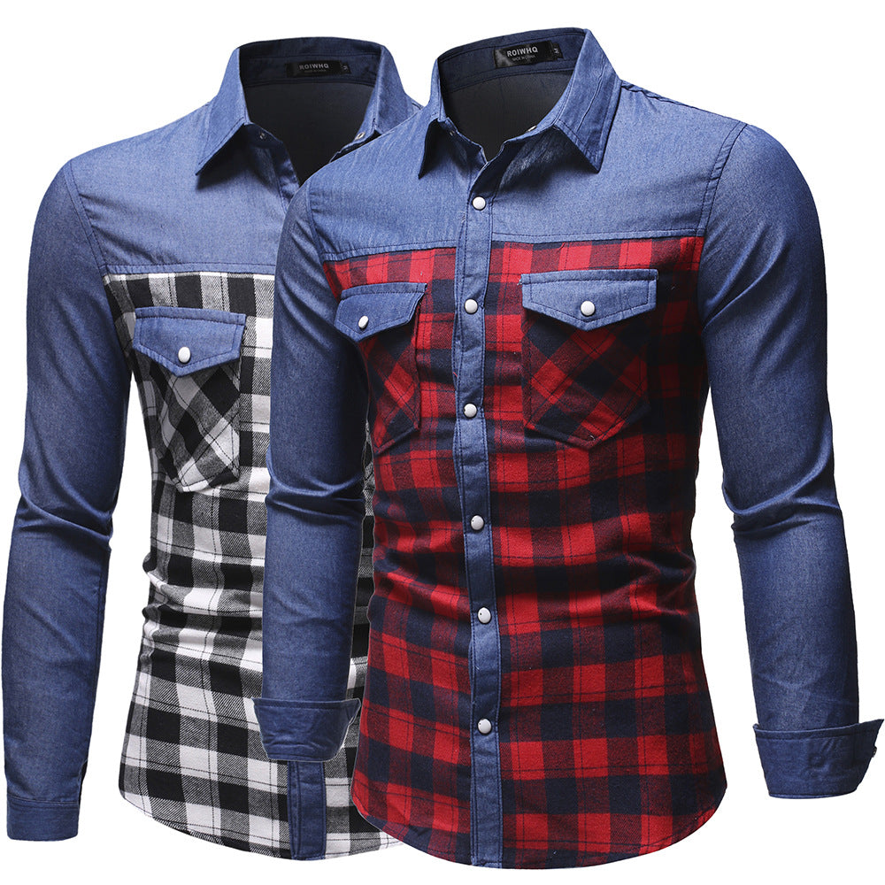 Denim Men's Fashion Classic Stitching Plaid Lapel Slim-fit Long-sleeved Shirt