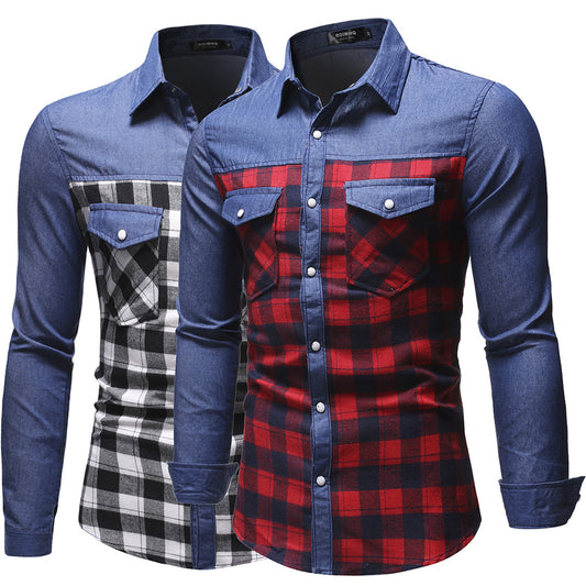 Denim Men's Fashion Classic Stitching Plaid Lapel Slim-fit Long-sleeved Shirt
