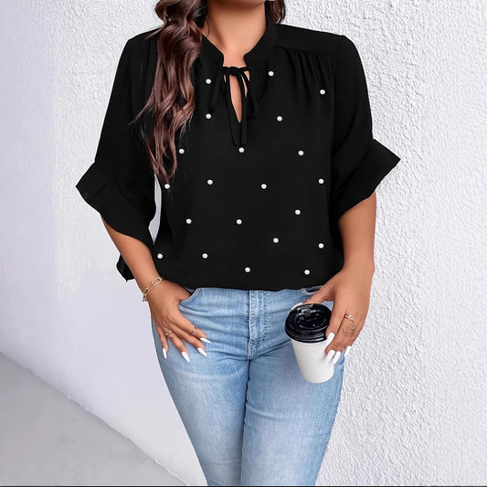 Plus Size Neckline Tie Ruffle Sleeve Faux Pearl Button Shirt