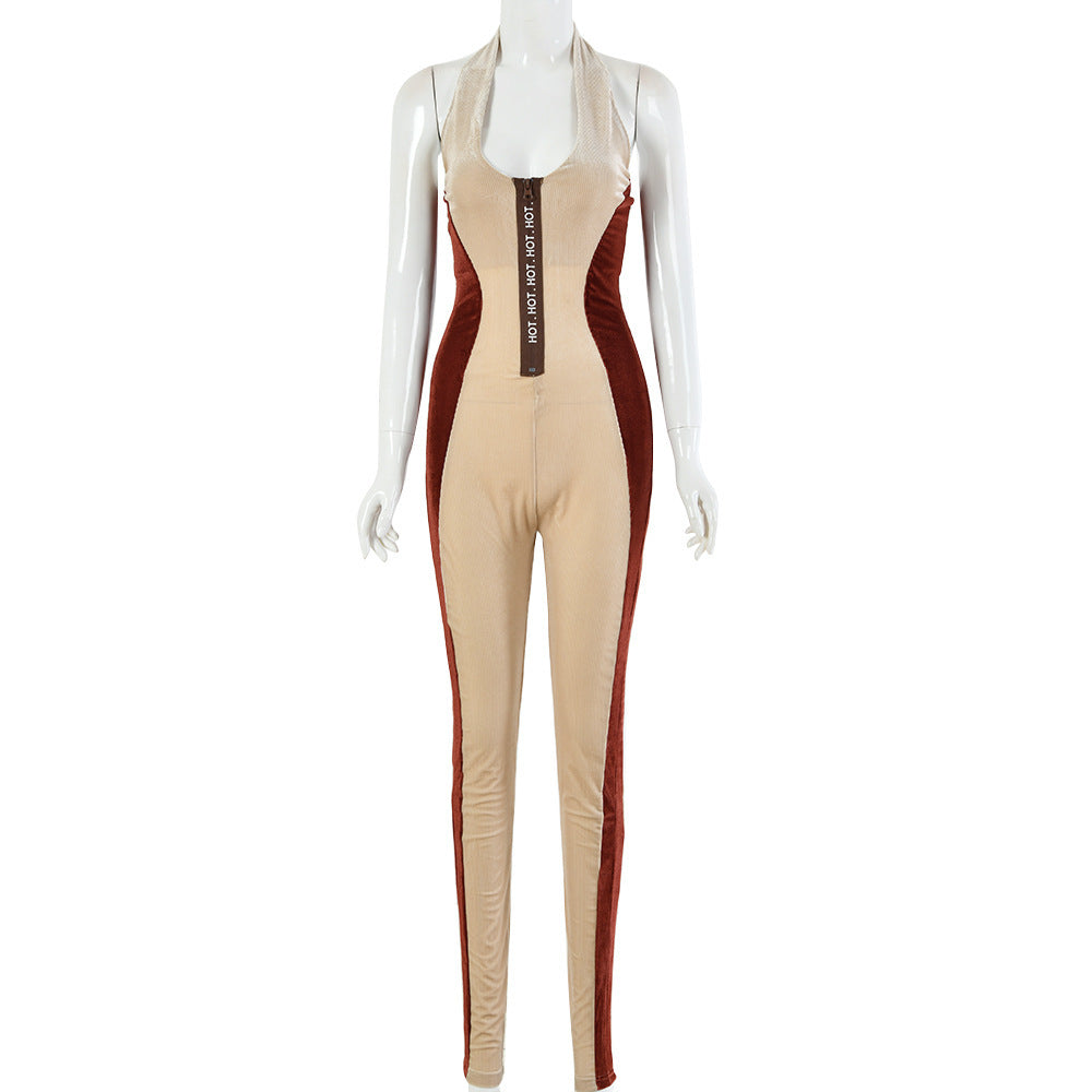 Sexy Halter Low Cut Letter Zipper Long Jumpsuit