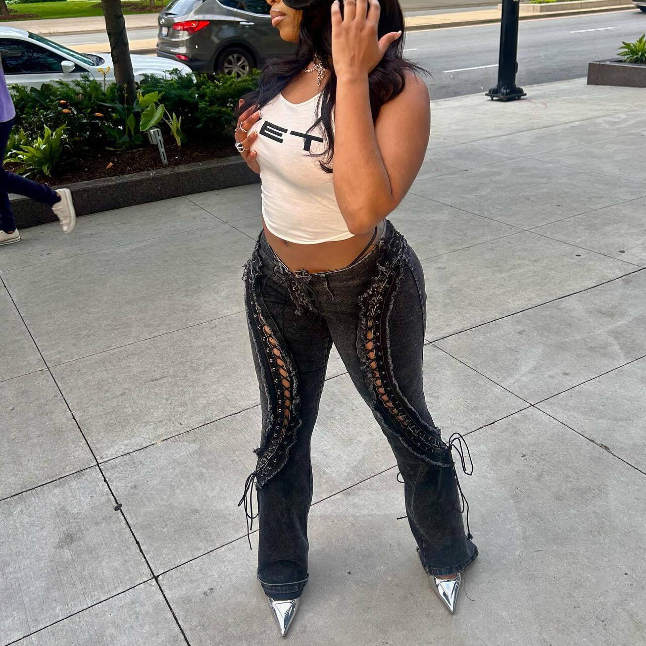 Stretch All-matching Frayed Lace-up New Slim Jeans For Women