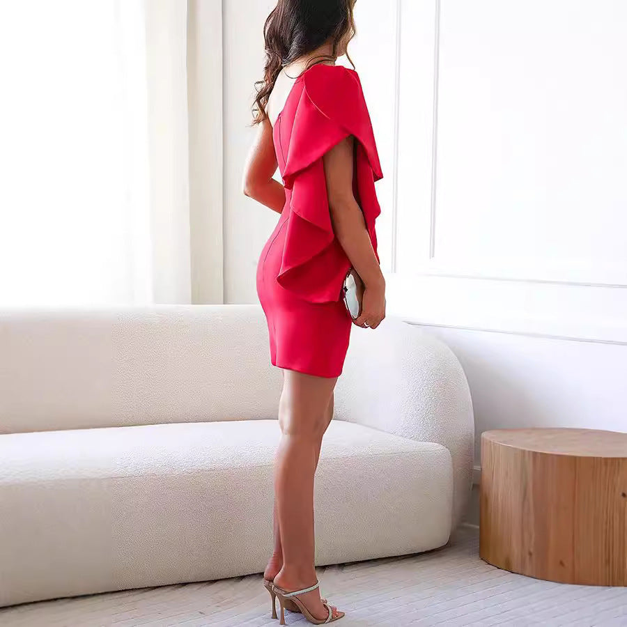 Ruffled Shoulder Solid Color Sexy Dress