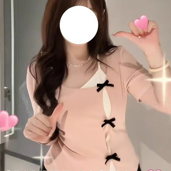 Bow Irregular Short Sleeve Plus Size Fake Two Pieces Fashionable T-shirt