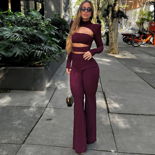 Long Sleeve Top Slim-fit Hollowed Out Flared Jumpsuit For Women