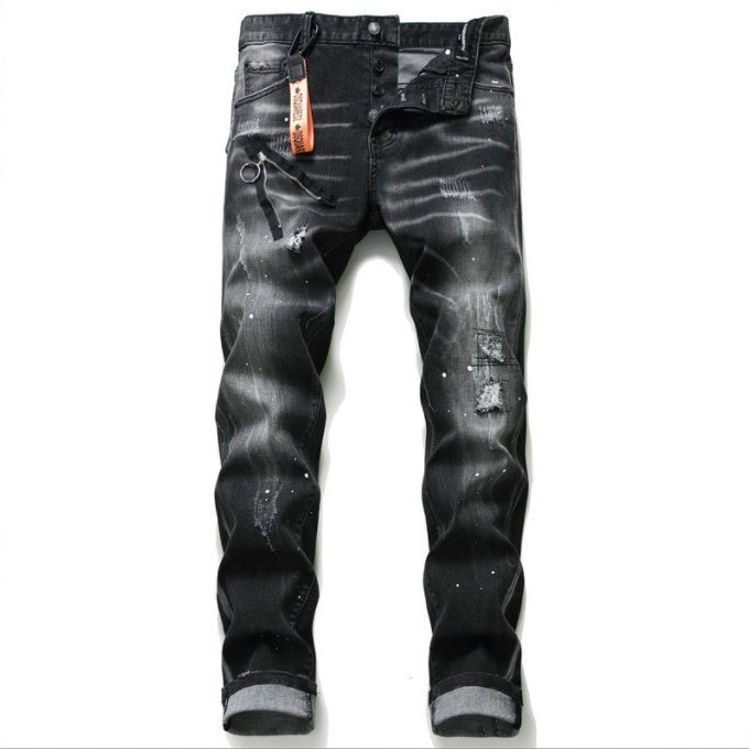 Black And Gray Paint Hole Zipper Decorations Personality Jeans Men