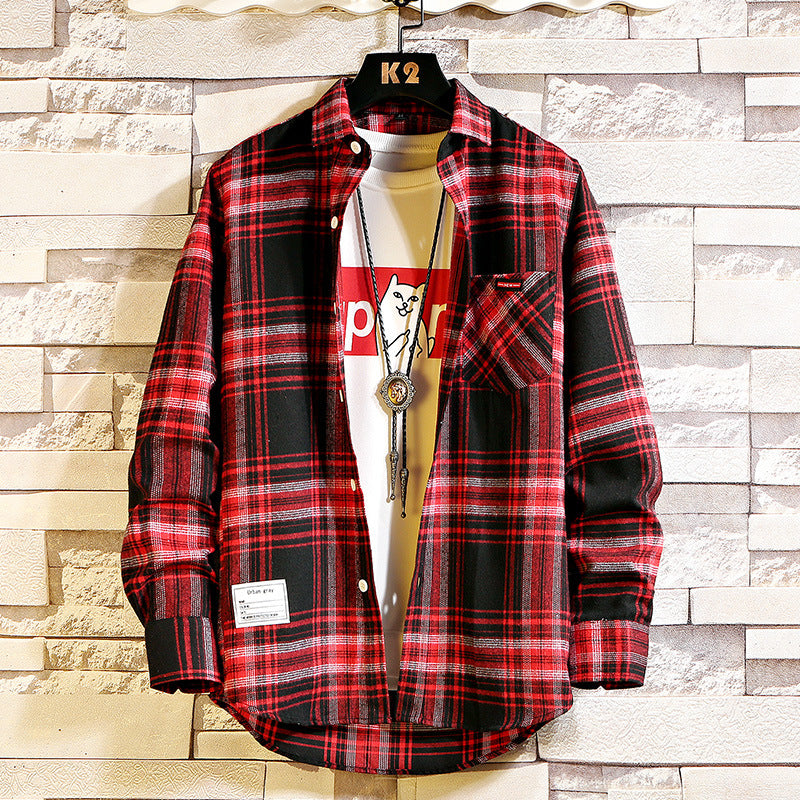 Men's Loose Plaid Long-sleeved Shirt Casual Shirt
