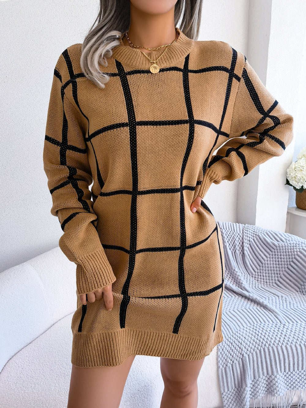 Casual Color Block Plaid Long Sleeve Sweater Dress