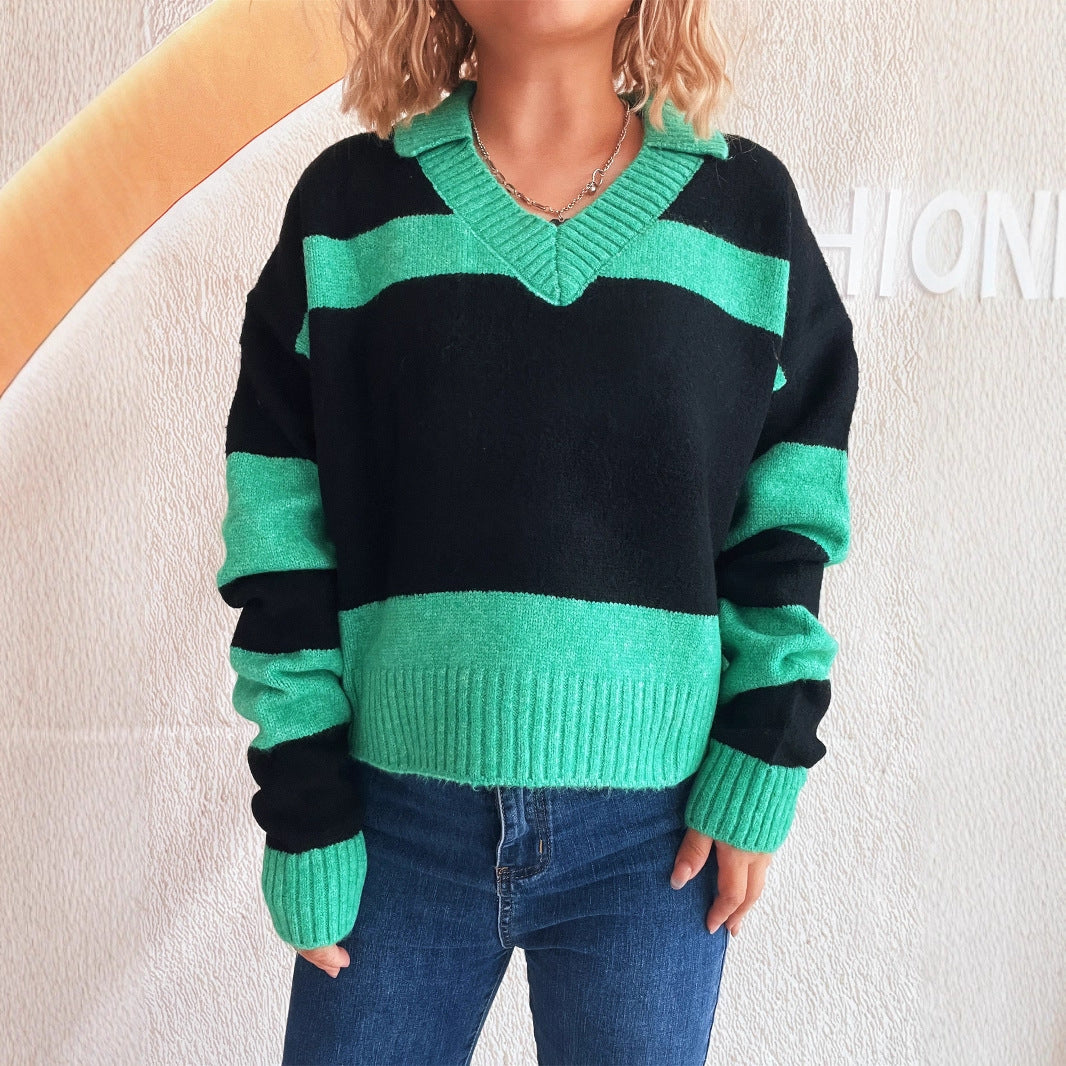 Contrast Color Striped Knitted Lapel Commuter Long Sleeve Women's Sweater