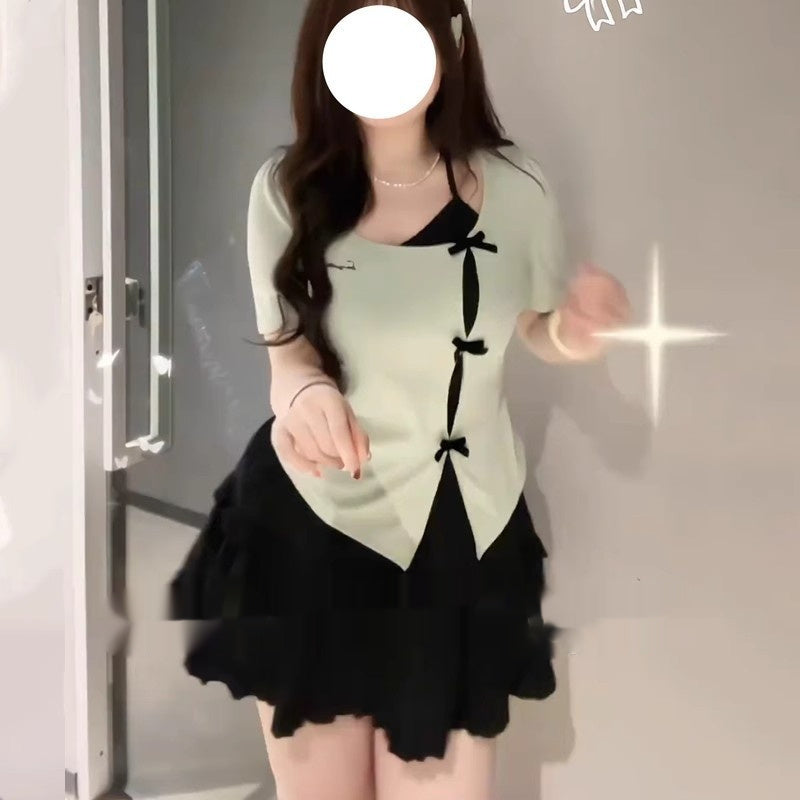 Bow Irregular Short Sleeve Plus Size Fake Two Pieces Fashionable T-shirt