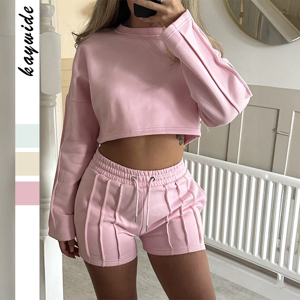 Casual Solid Color Hoodie Shorts Suit For Women