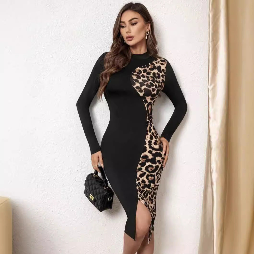 European And American Semi-formal Dress Fashion Slim-fit Sheath Leopard Splicing