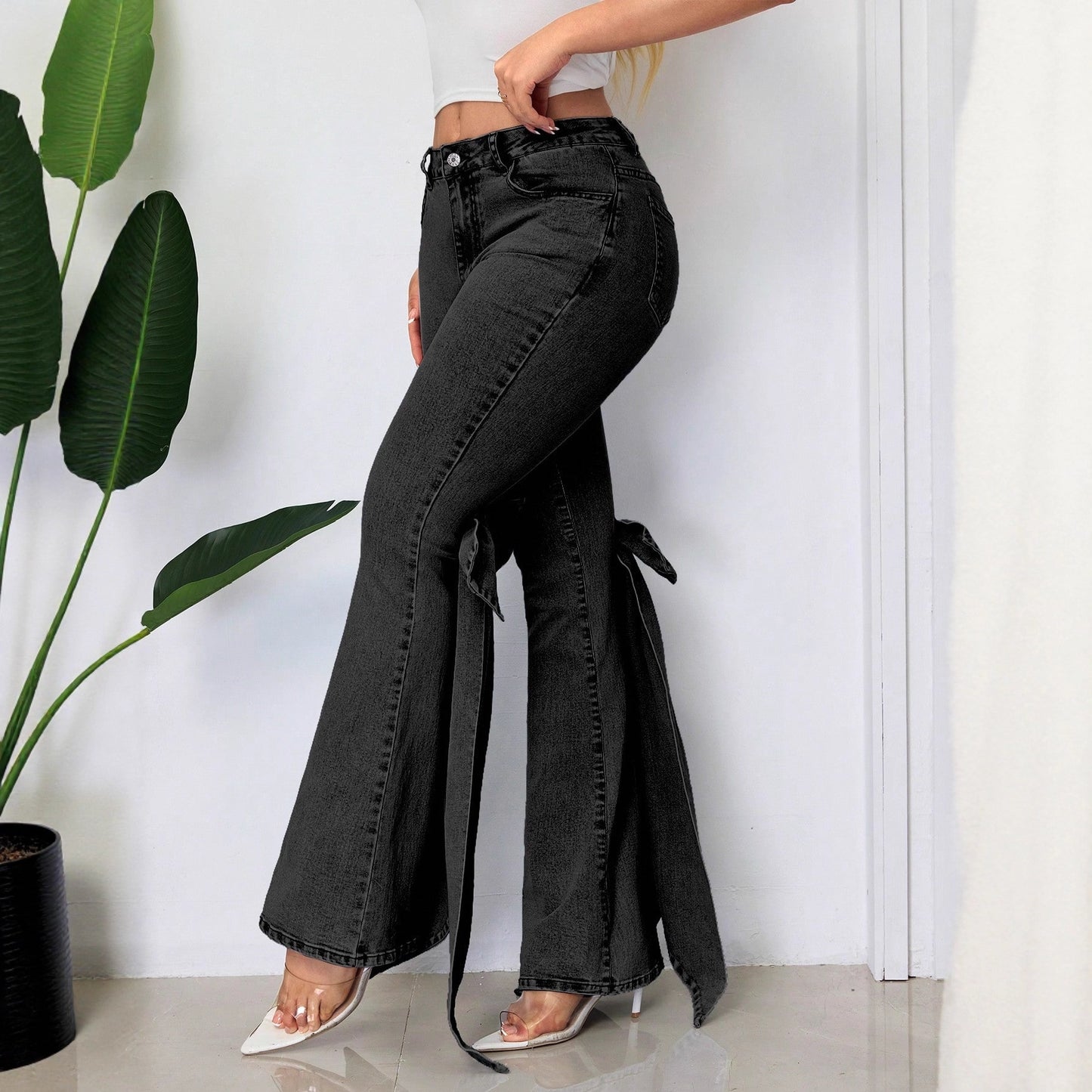 European And American Retro Three-dimensional Bow Slim-fit Mid-stretch Mop Horn Denim Trousers