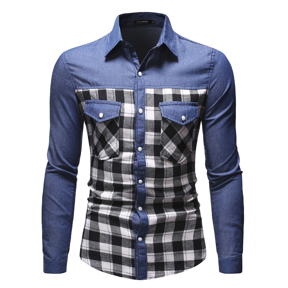 Denim Men's Fashion Classic Stitching Plaid Lapel Slim-fit Long-sleeved Shirt