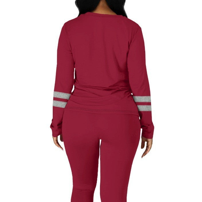 Color Matching Round Neck Long Sleeve Top With Tight Trousers Suit Two-piece Set