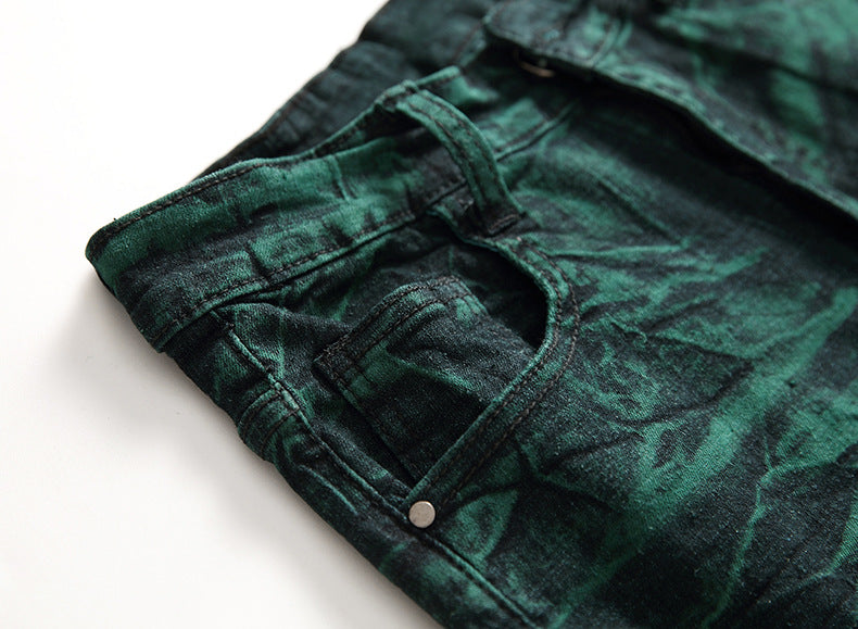 Spring New Men's Straight Jeans European And American Fashion Knee Ripped Tie-dyed Long Pants