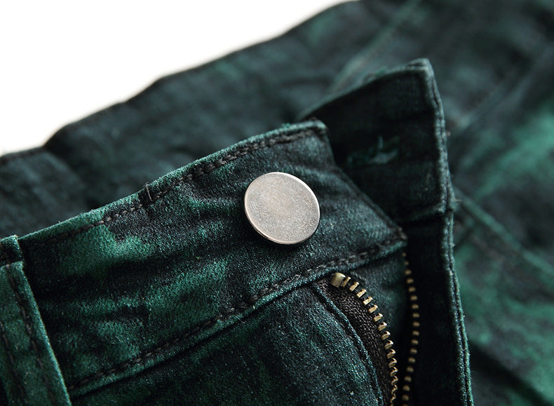 Spring New Men's Straight Jeans European And American Fashion Knee Ripped Tie-dyed Long Pants