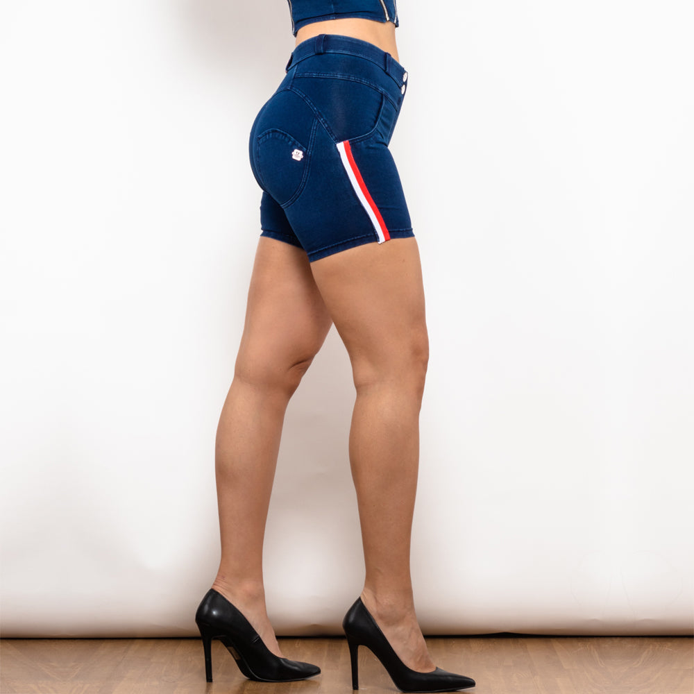 Shascullfites Melody Middle Waist Dark Blue Lift Jeggings Shorts With Stripe