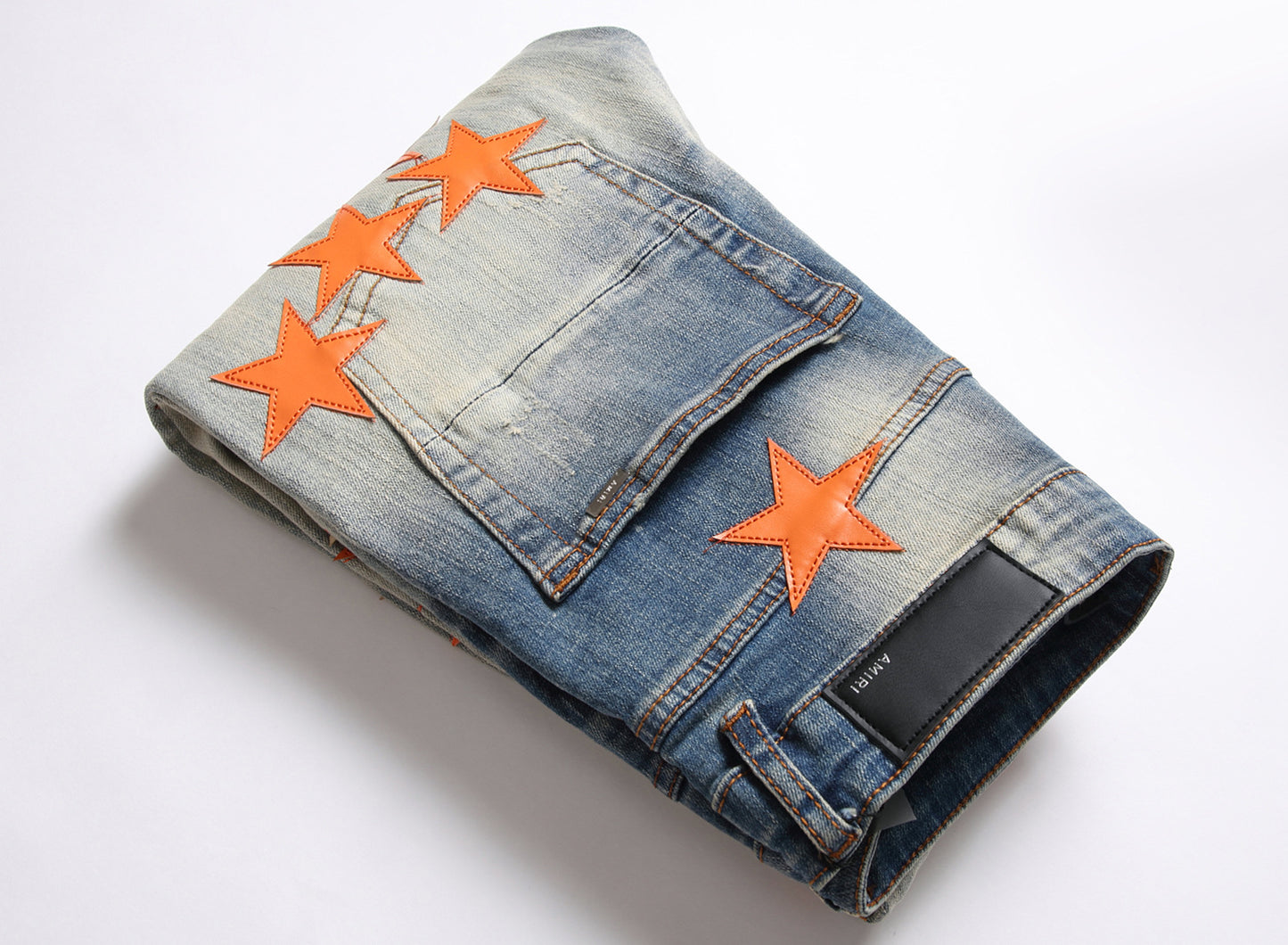 High Street New Ripped Orange XINGX Patch Stretch Jeans Men