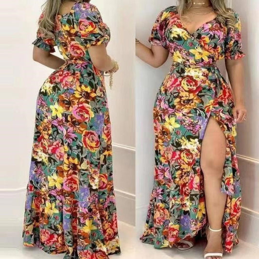 Short Sleeve Printed V-neck Waist-controlled Lace-up Dress