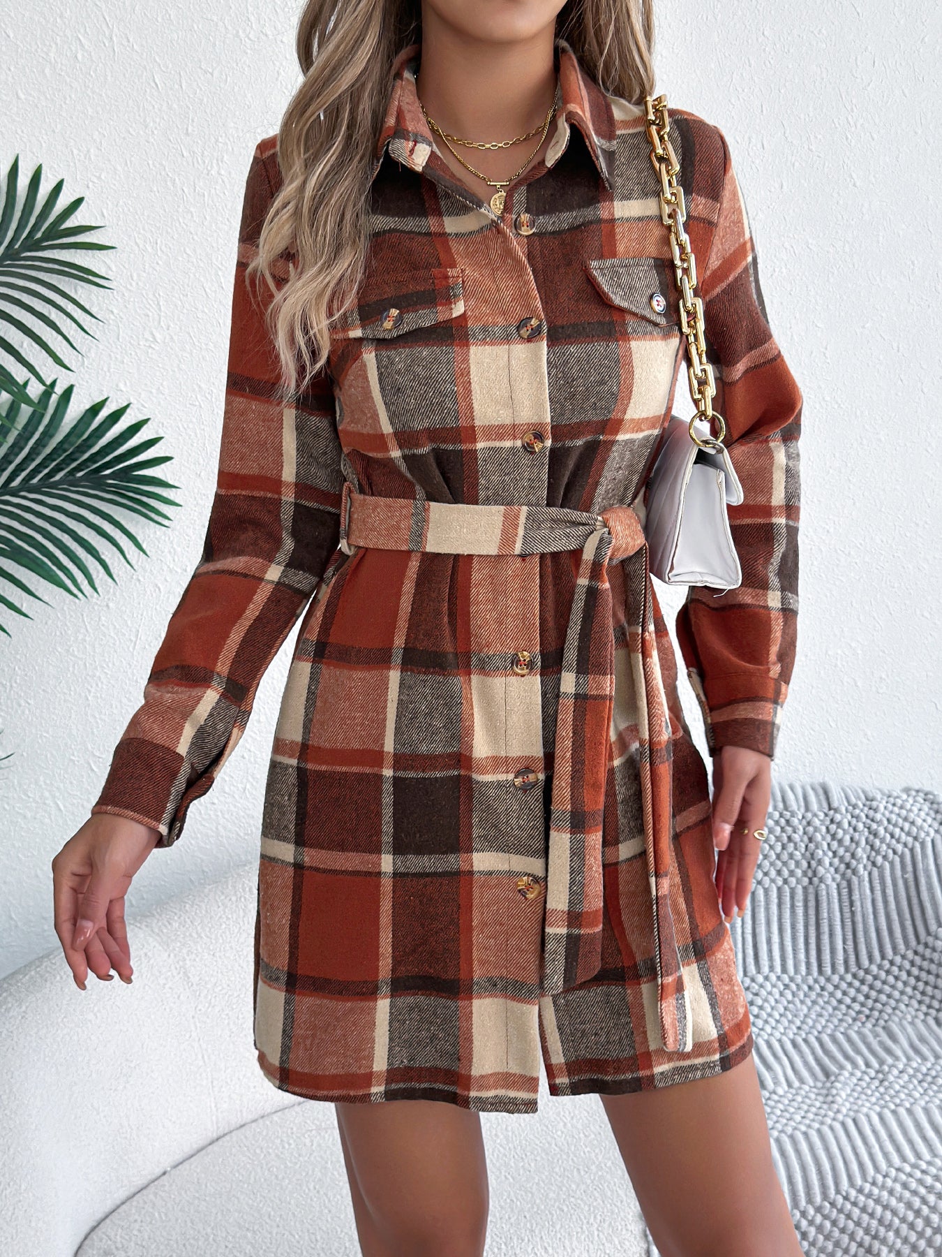 Women's Casual Color-Blocked Plaid Fake Pocket Long Sleeve Tie-Waist Tweed Shirt Dress