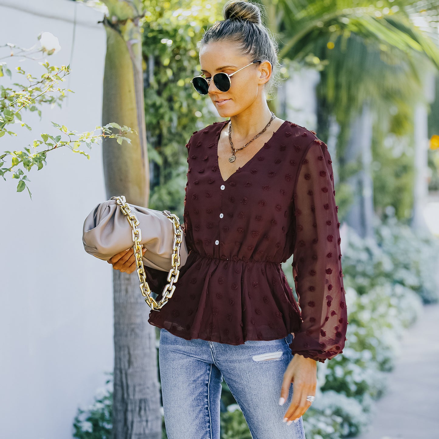 European And American Women's Summer V-neck Long-sleeved Chiffon Shirt