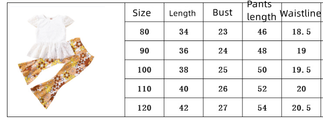 European And American Foreign Trade Young And Little Girls Lace Short-sleeved Top Bell-bottom Pants Kids Clothes Two-piece Suit One Piece Dropshipping