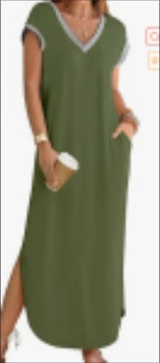 Women's  Summer Short Sleeve Maxi Dress V Neck Split Loose Casual Beach Long Dresses