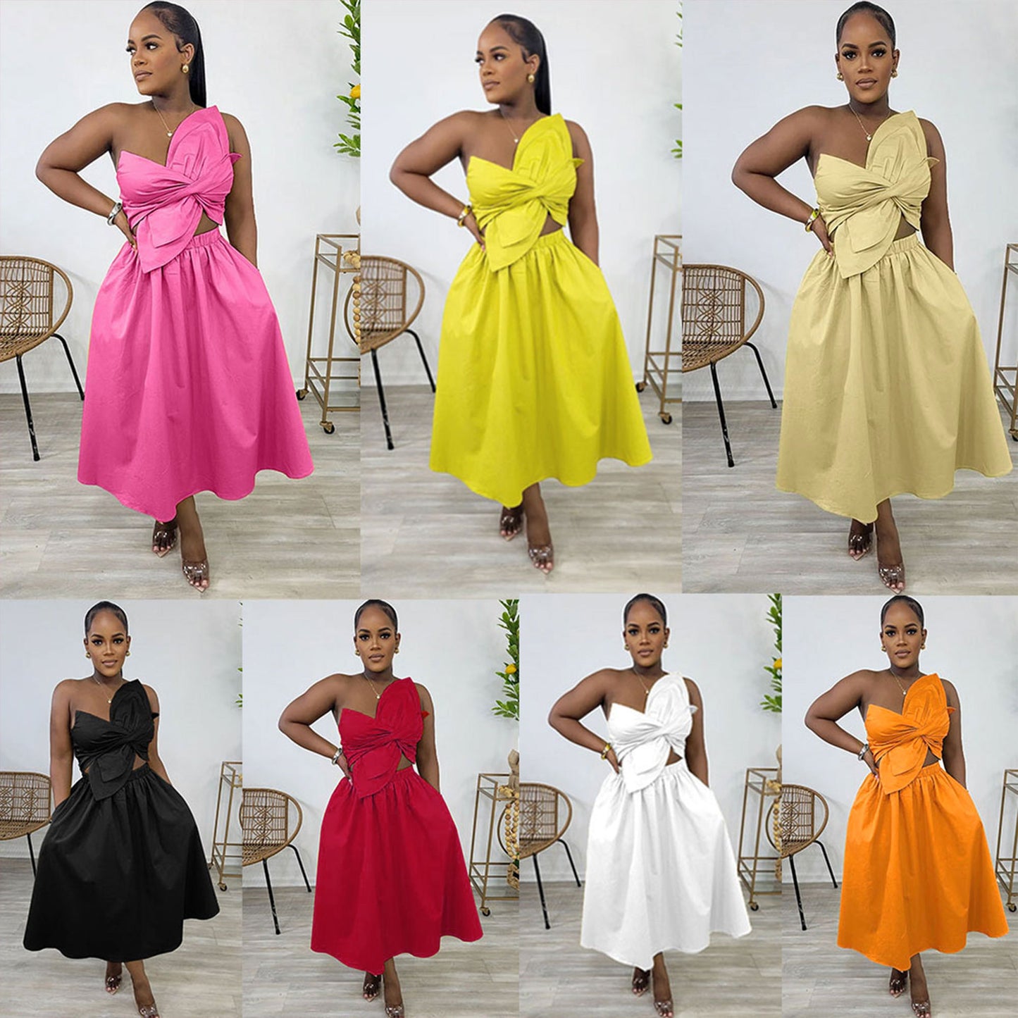 Smocking One Shoulder Petal Hollow Out Dress