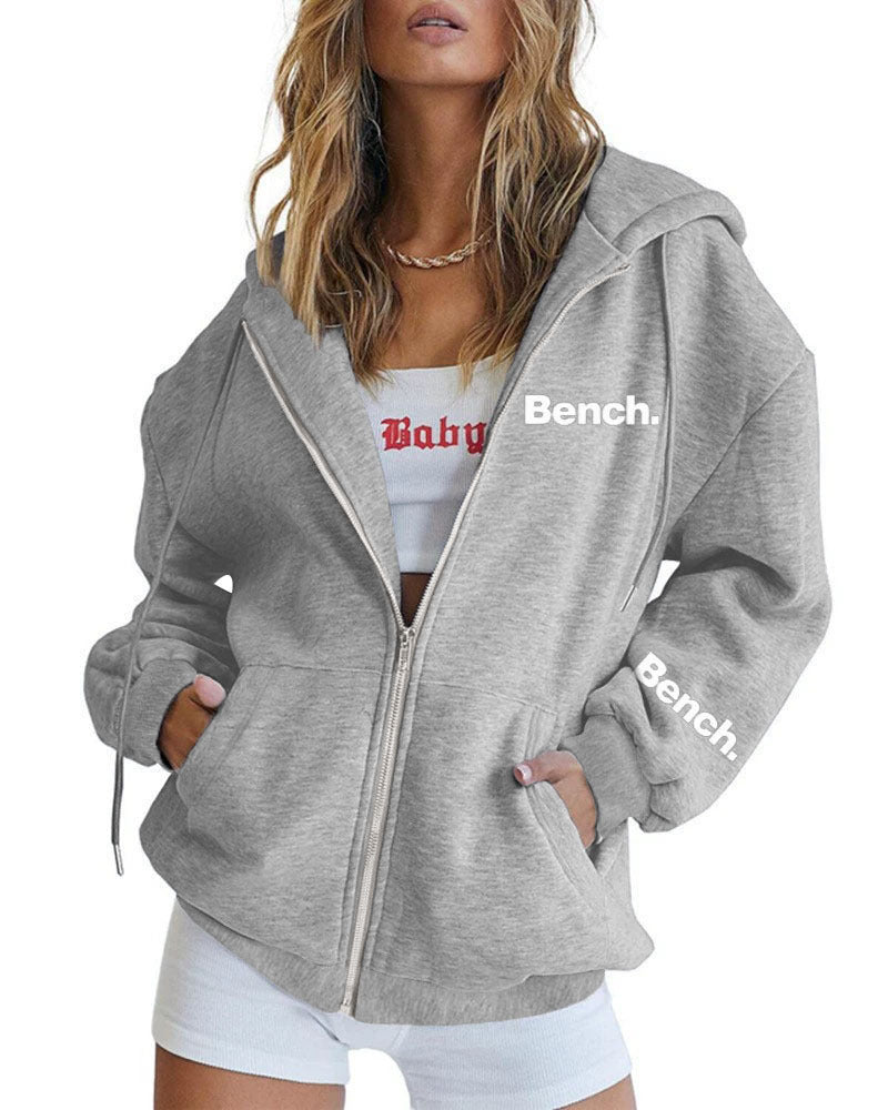 Letter Print Fashion Casual Zipper Sweater Coat