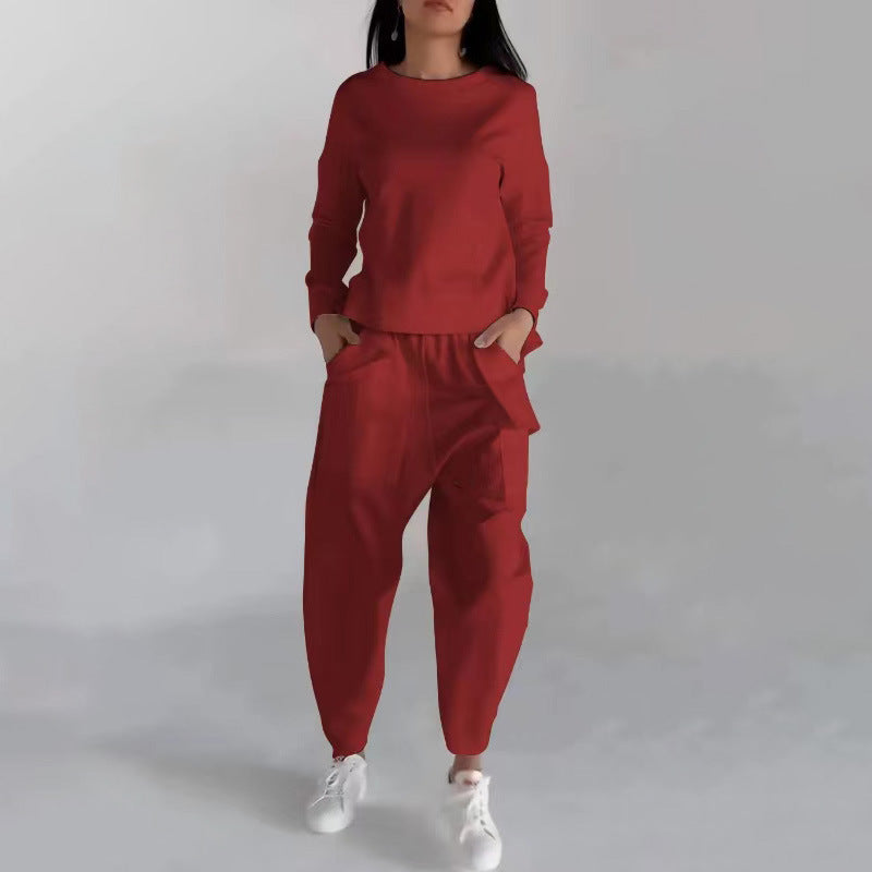 Fashion Sweatshirt Long Sleeve Back Slit Top With Pockets Loose Trousers Women's Clothing