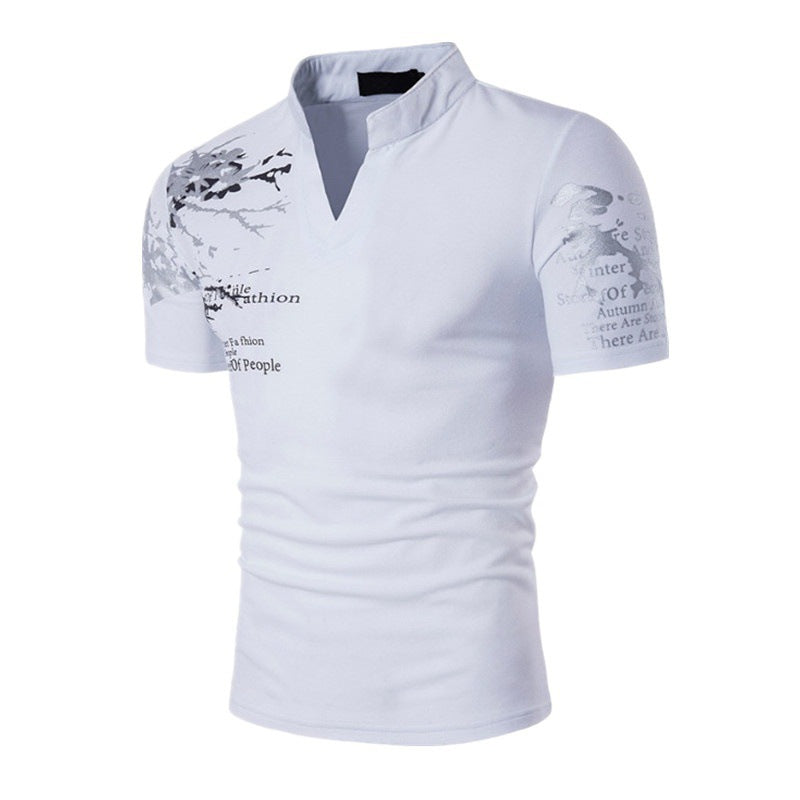 Letter Printing Casual T-shirt Thin Hedging V-neck T-shirt Slim Men's