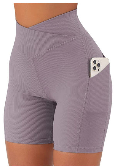 In Stock Cross-border Hot Women's Cross Waist With Pockets Fitness Chrysanthemum Shorts High Waist Hip Lift Yoga Pants