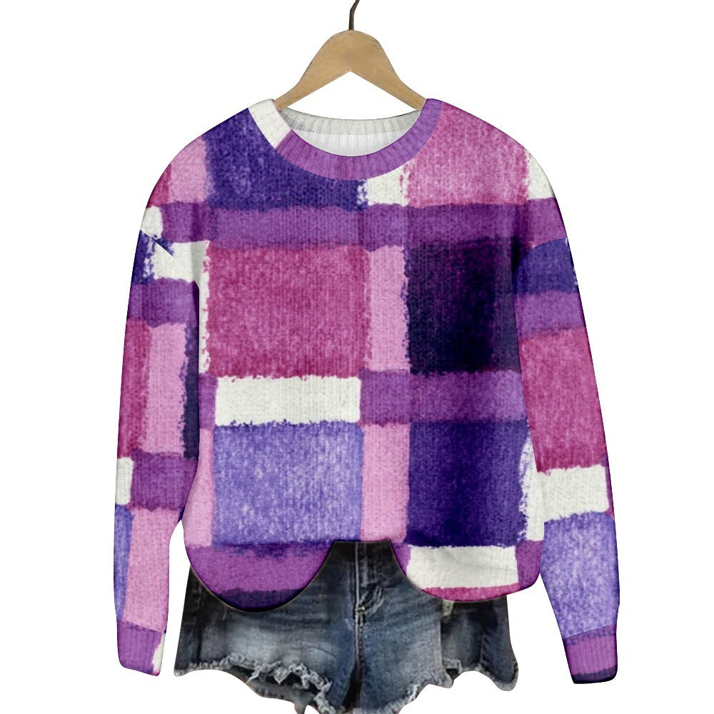 Geometric Color Matching Pattern Elements 3D Printed Casual Women's Round Neck Sweater