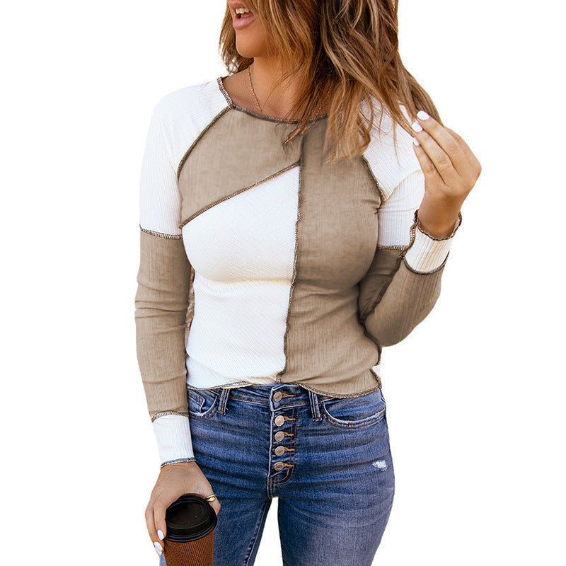 Women's Long Sleeve Color Contrast Bottoming Shirt Slim Fit Slimming Knitted Top
