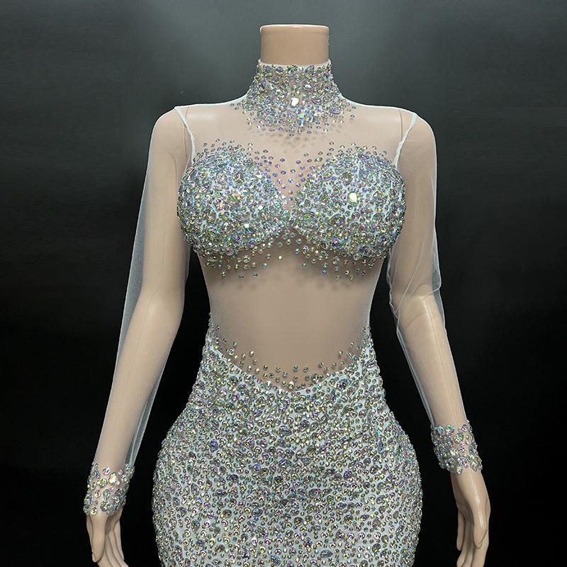 Perspective Gauze Collar Zipper Style Slim Short Dress