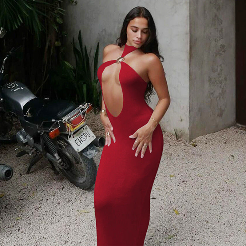 Solid Color Iron Hoop Sexy Cutout Slim Fit Dress